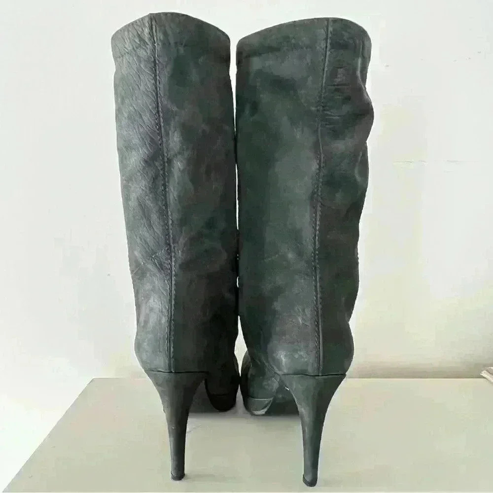 VERO CUIOIO BLACK LEATHER FUR HEELS OVAL TOE PLATFORM BOOTS SIZE 38 - Picture 5 of 16